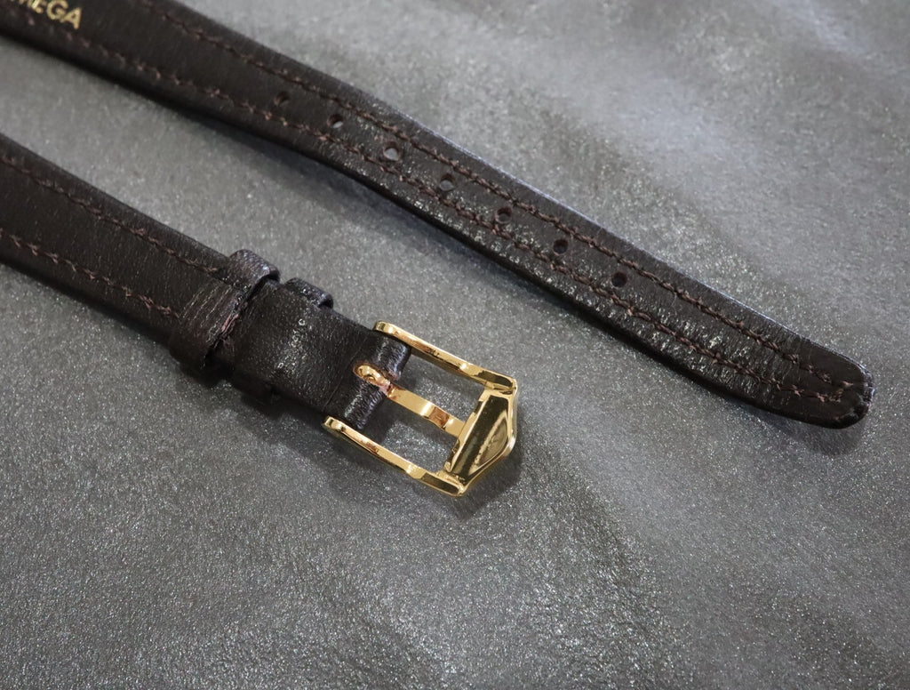 Near MINT OMEGA Vintage Dark brown Leather Strap 12mm Gold Buckle Women's #2392