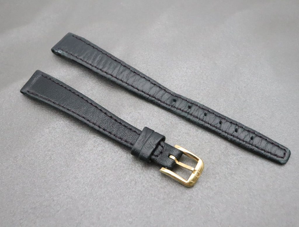 Near MINT OMEGA Vintage Black Leather Strap 12mm Band Gold Buckle Women's #2411