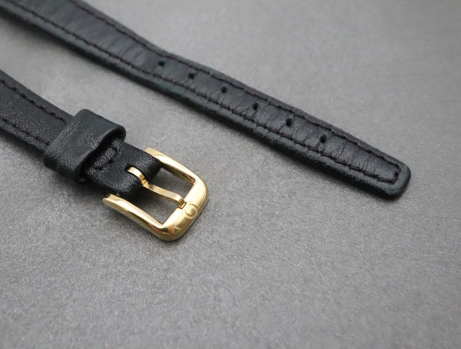 Near MINT OMEGA Vintage Black Leather Strap 12mm Band Gold Buckle Women's #2411