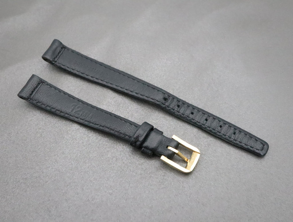 Near MINT OMEGA Vintage Black Leather Strap 12mm Band Gold Buckle Women's #2411