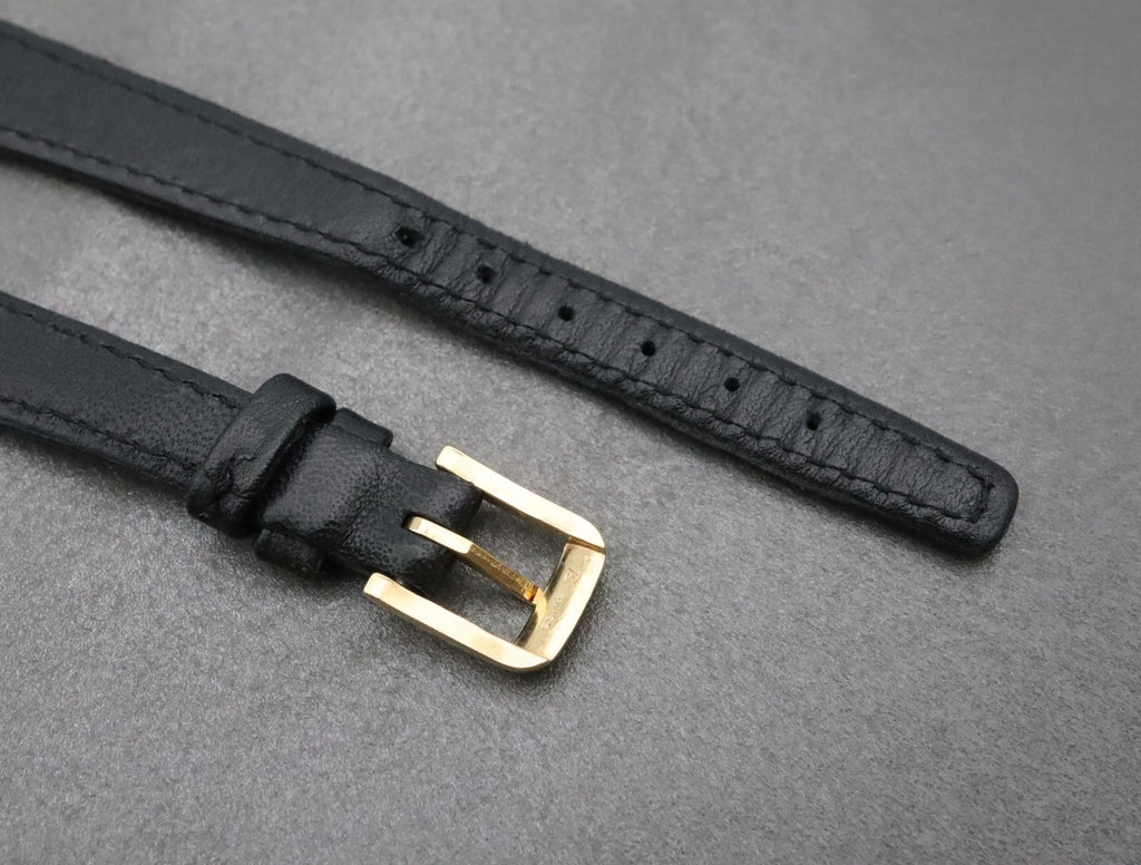 Near MINT OMEGA Vintage Black Leather Strap 12mm Band Gold Buckle Women's #2411