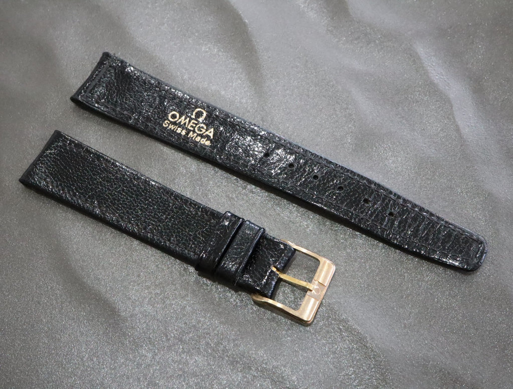 MINT OMEGA Vintage Genuine Black Leather Strap 17mm Band Gold Buckle Men's #2498