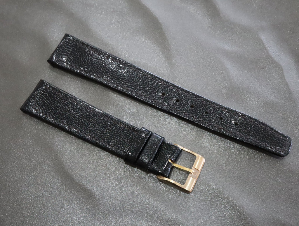 MINT OMEGA Vintage Genuine Black Leather Strap 17mm Band Gold Buckle Men's #2498