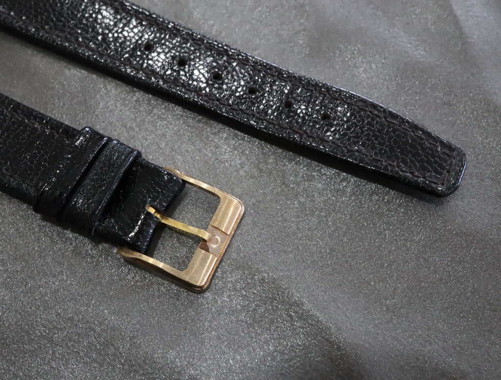 MINT OMEGA Vintage Genuine Black Leather Strap 17mm Band Gold Buckle Men's #2498