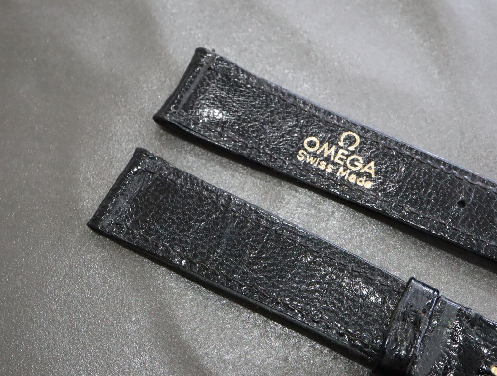 MINT OMEGA Vintage Genuine Black Leather Strap 17mm Band Gold Buckle Men's #2498