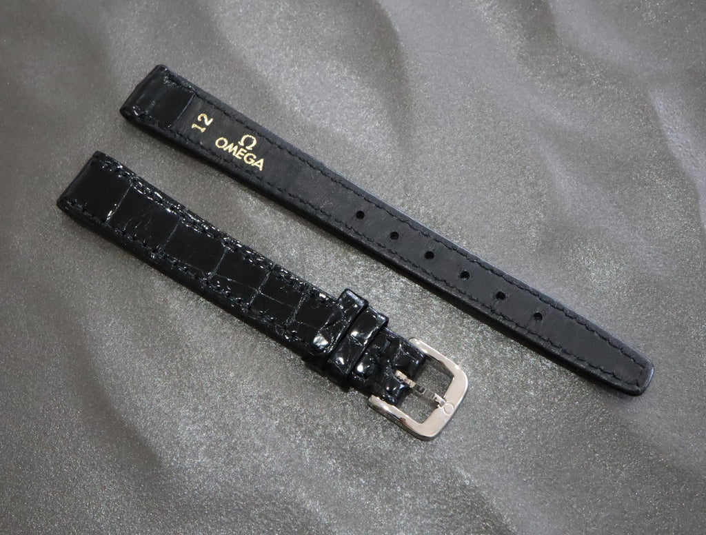 MINT OMEGA Vintage Genuine Black Leather Strap 12mm Silver Buckle Women's #2465