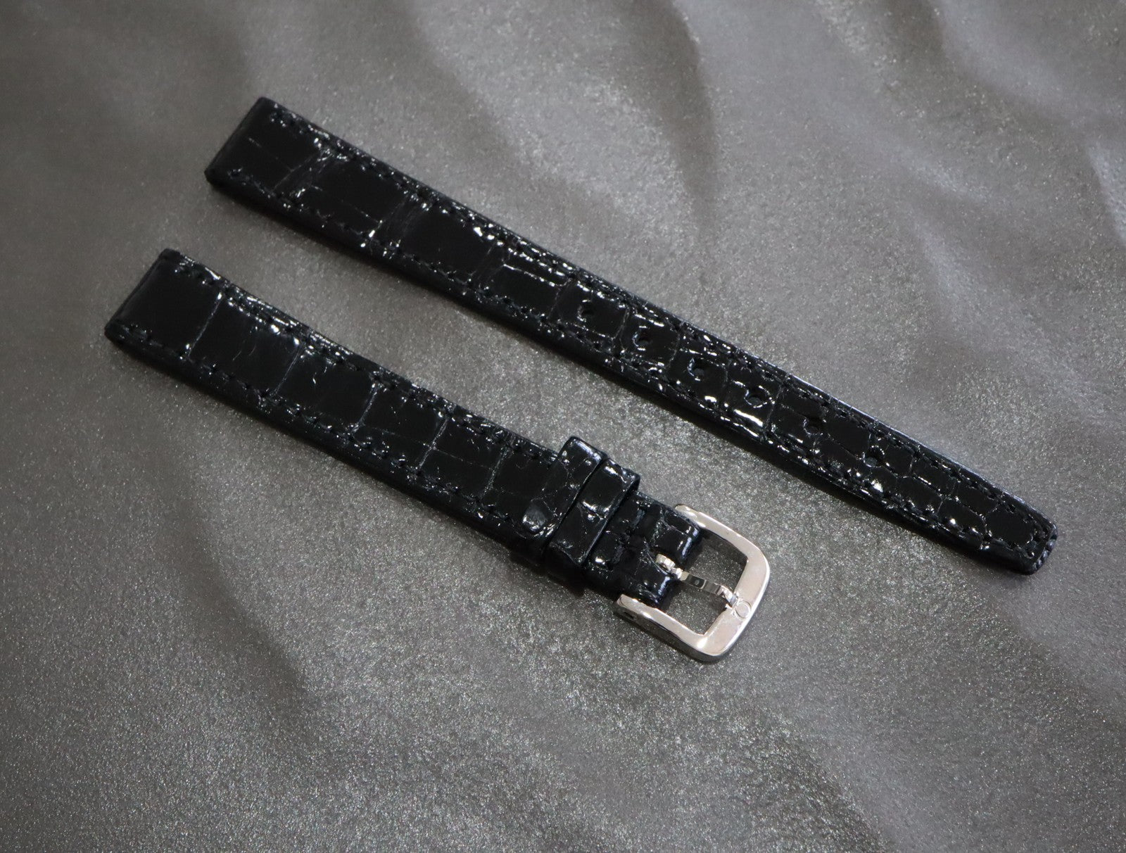MINT OMEGA Vintage Genuine Black Leather Strap 12mm Silver Buckle Women's #2465