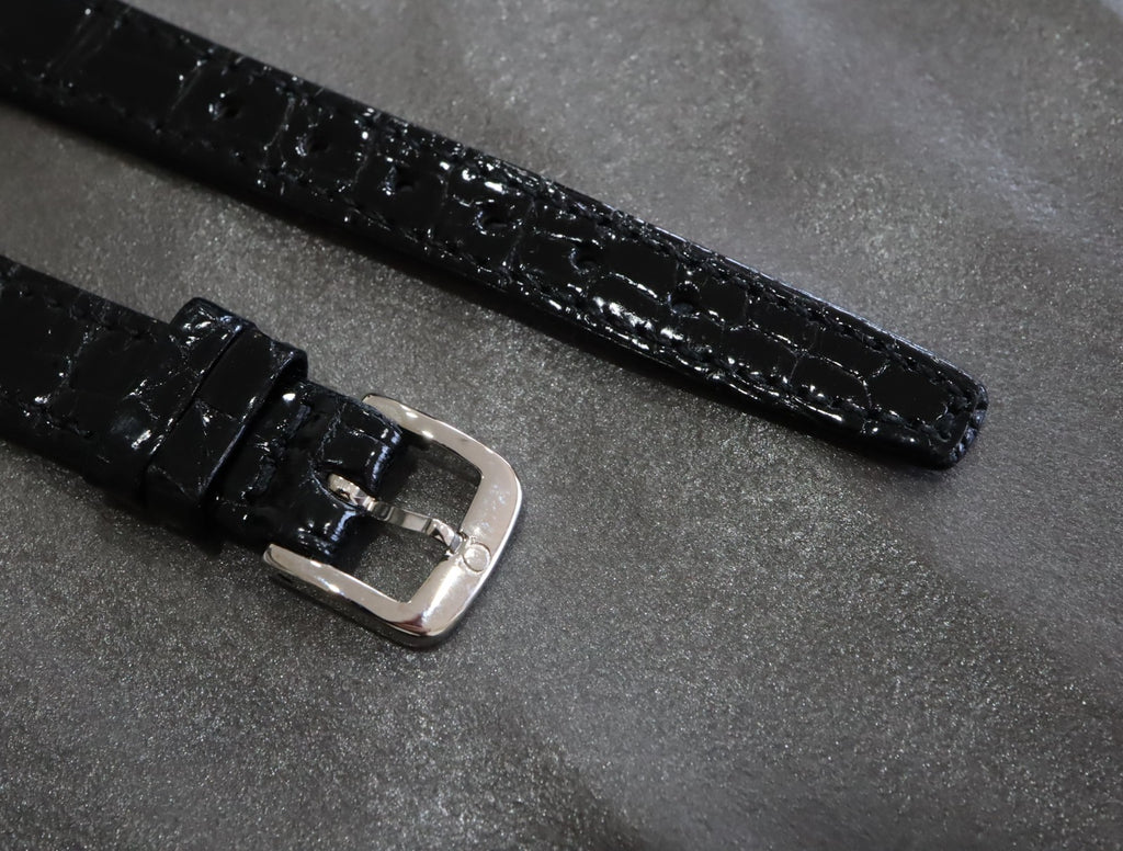 MINT OMEGA Vintage Genuine Black Leather Strap 12mm Silver Buckle Women's #2465