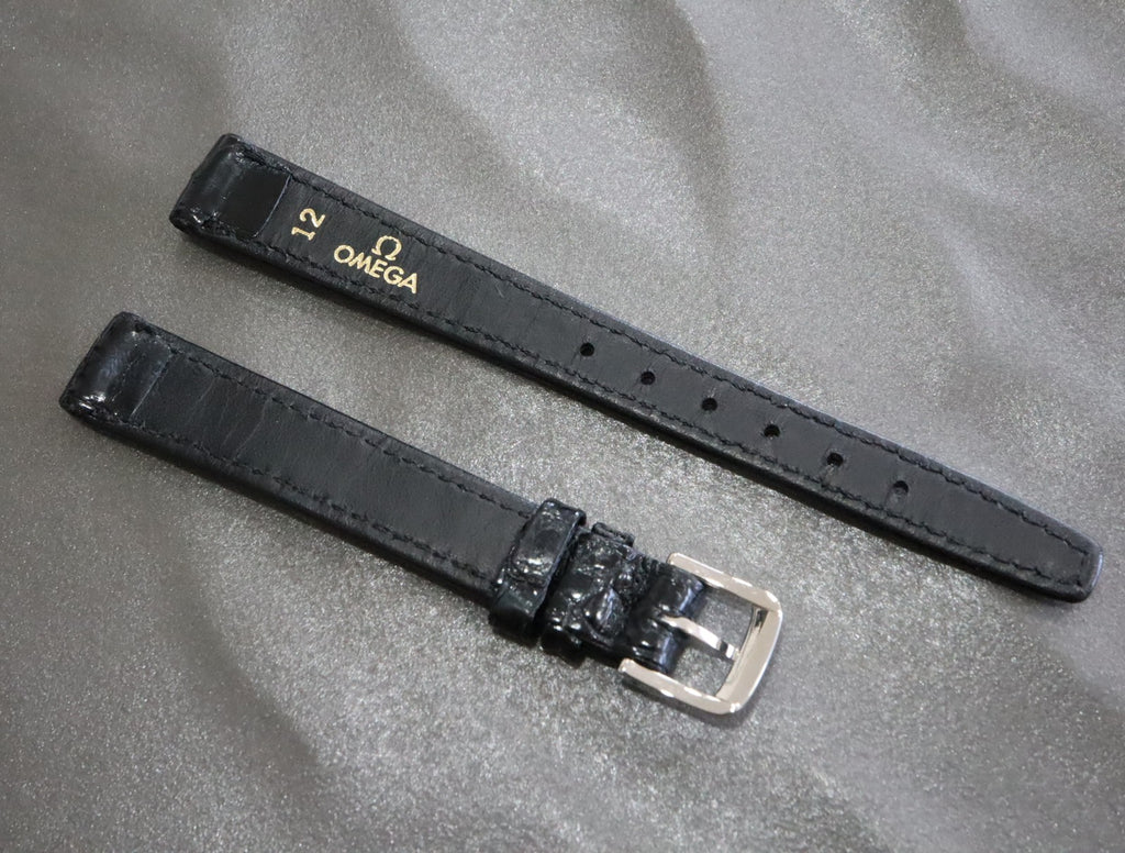 MINT OMEGA Vintage Genuine Black Leather Strap 12mm Silver Buckle Women's #2465