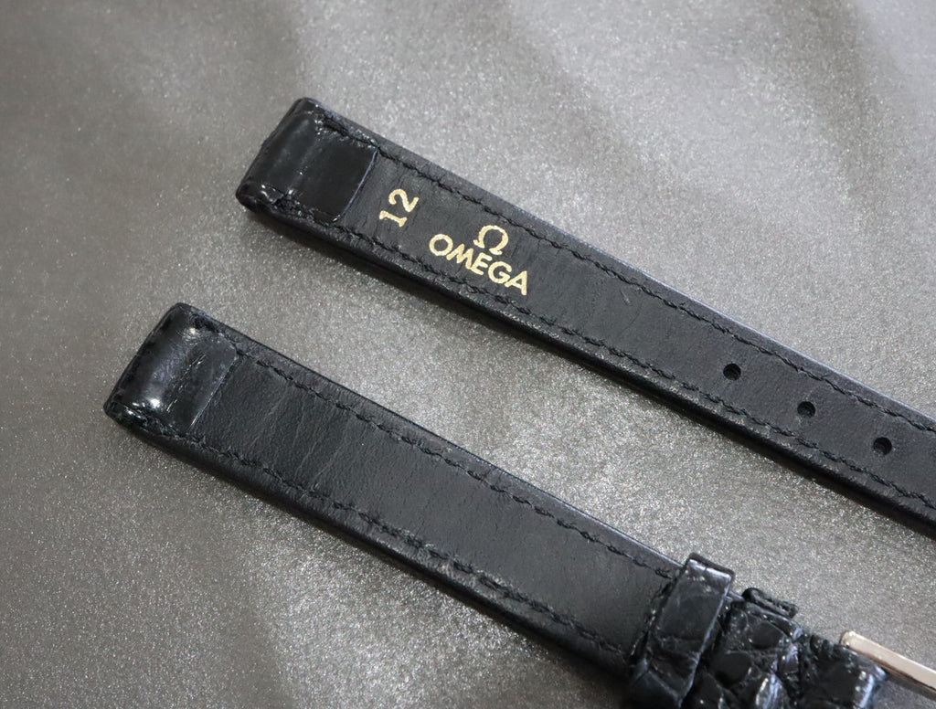 MINT OMEGA Vintage Genuine Black Leather Strap 12mm Silver Buckle Women's #2465