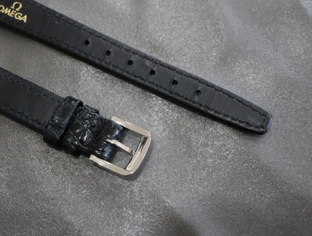 MINT OMEGA Vintage Genuine Black Leather Strap 12mm Silver Buckle Women's #2465