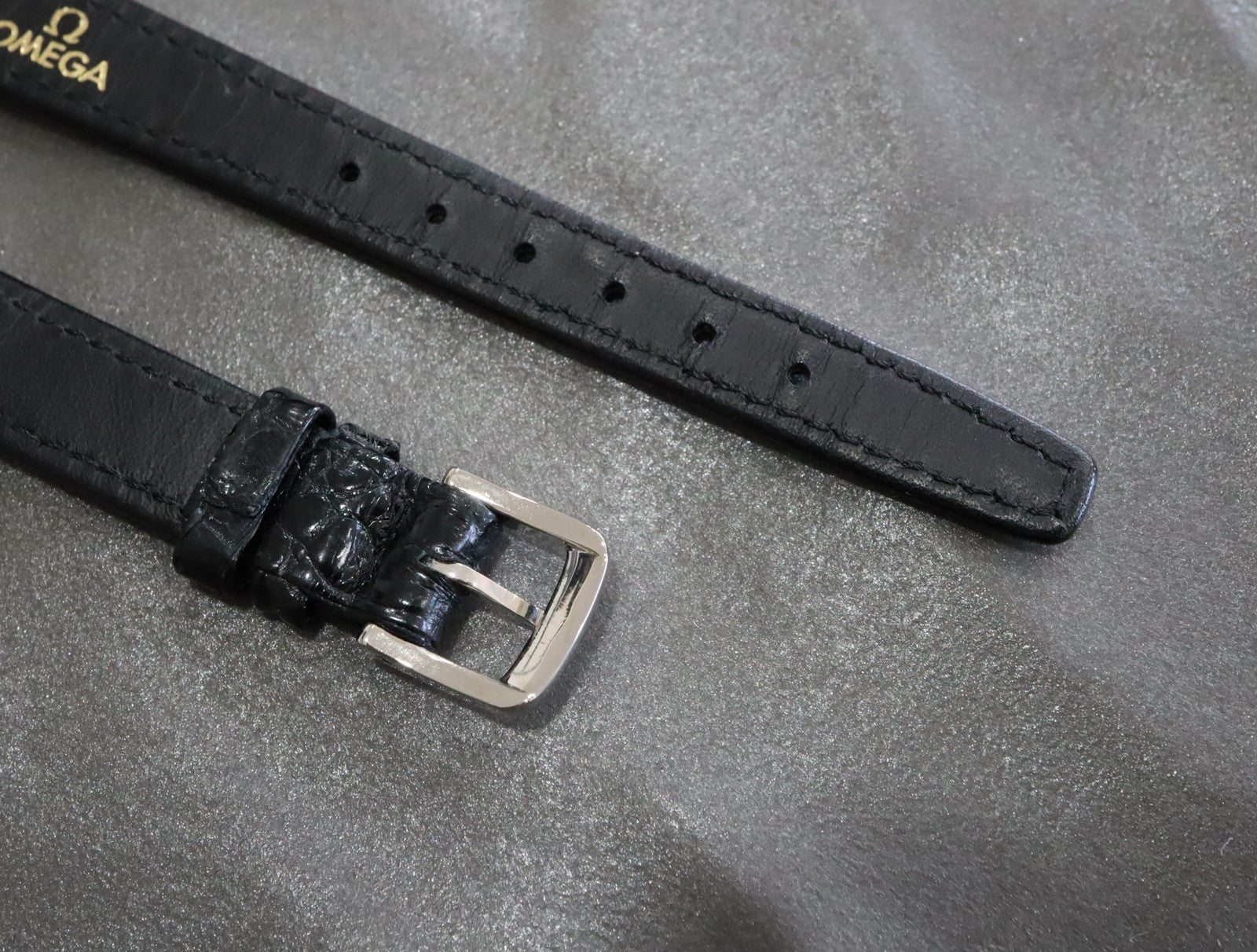 MINT OMEGA Vintage Genuine Black Leather Strap 12mm Silver Buckle Women's #2465
