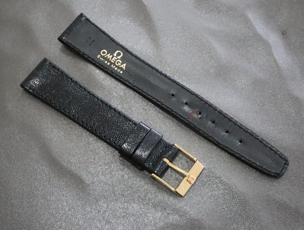 Near MINT OMEGA Vintage Black Leather Strap 17mm Band Gold Buckle Men's #2236