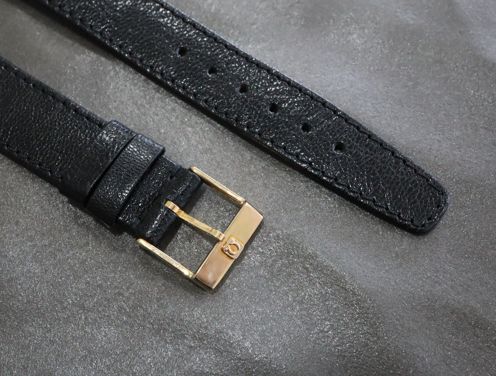 Near MINT OMEGA Vintage Black Leather Strap 17mm Band Gold Buckle Men's #2236
