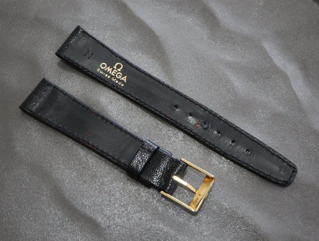 Near MINT OMEGA Vintage Black Leather Strap 17mm Band Gold Buckle Men's #2236