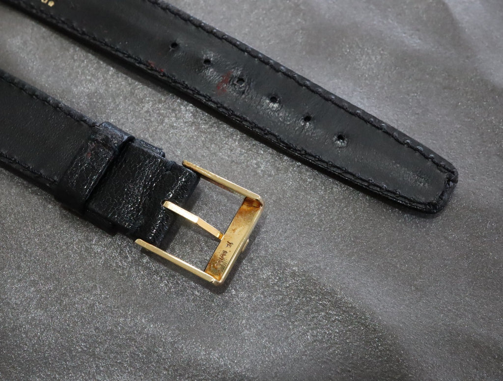 Near MINT OMEGA Vintage Black Leather Strap 17mm Band Gold Buckle Men's #2236