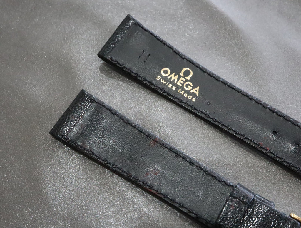 Near MINT OMEGA Vintage Black Leather Strap 17mm Band Gold Buckle Men's #2236