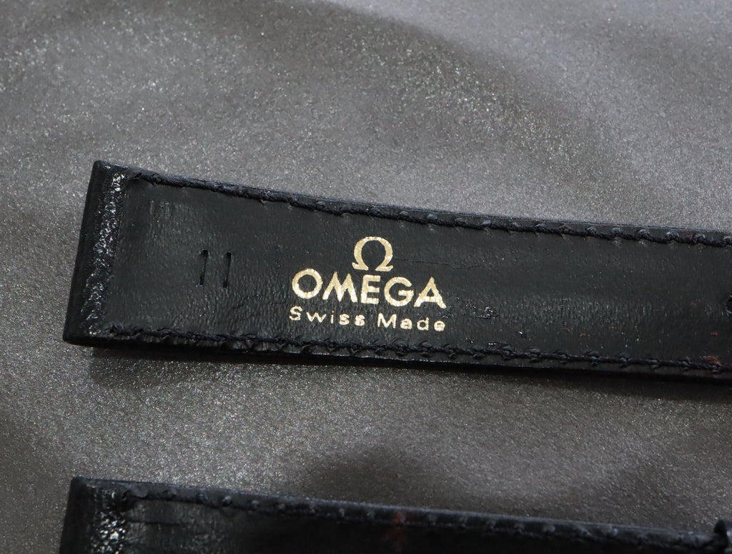 Near MINT OMEGA Vintage Black Leather Strap 17mm Band Gold Buckle Men's #2236
