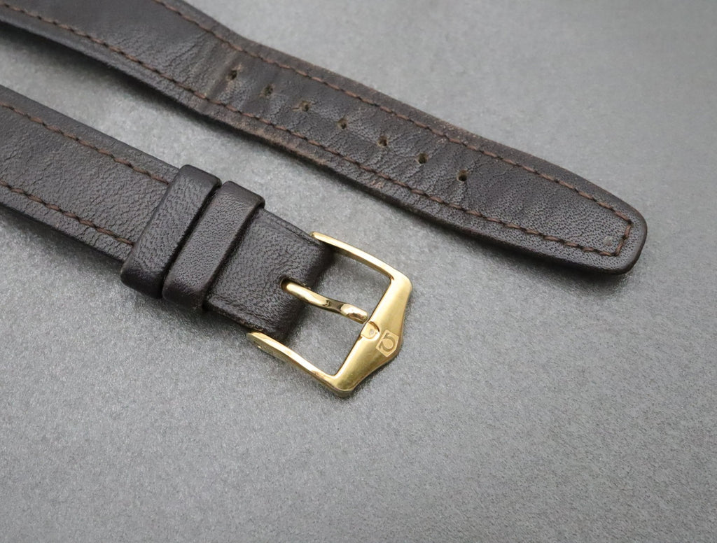 OMEGA Vintage Genuine Dark brown Leather Strap 16mm Watch Band Gold Buckle #1980