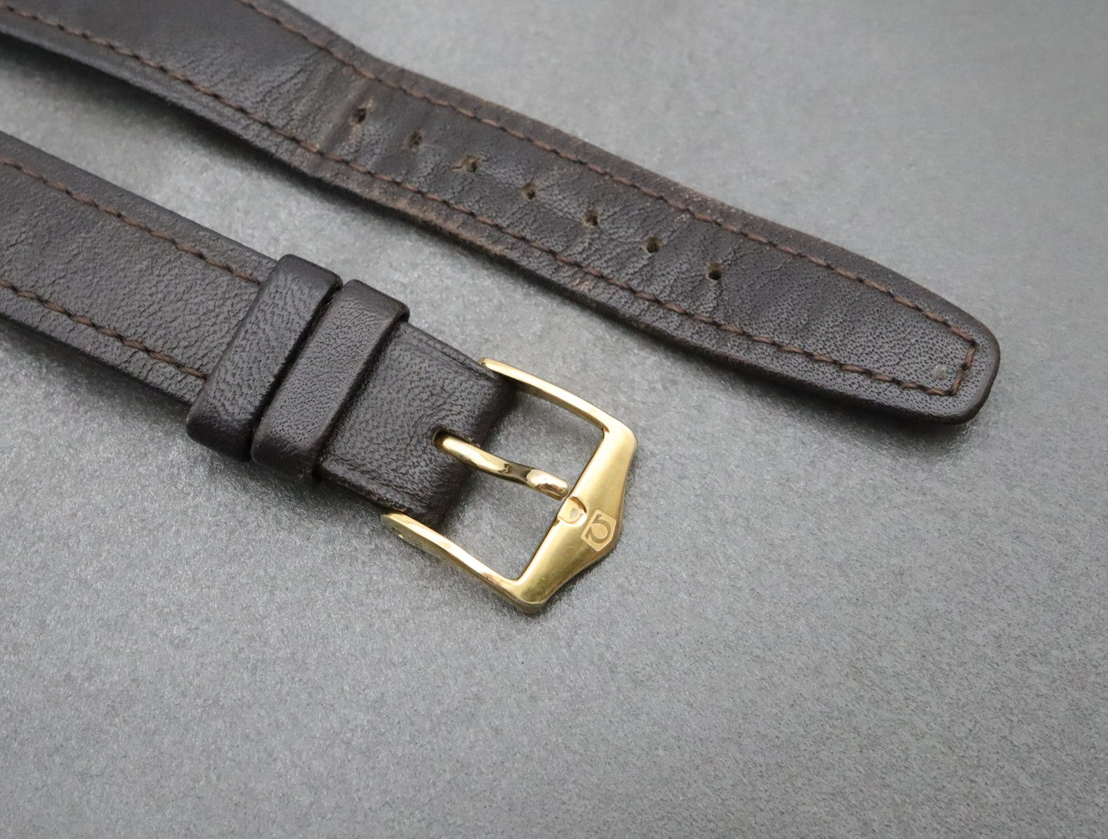 OMEGA Vintage Genuine Dark brown Leather Strap 16mm Watch Band Gold Buckle #1980