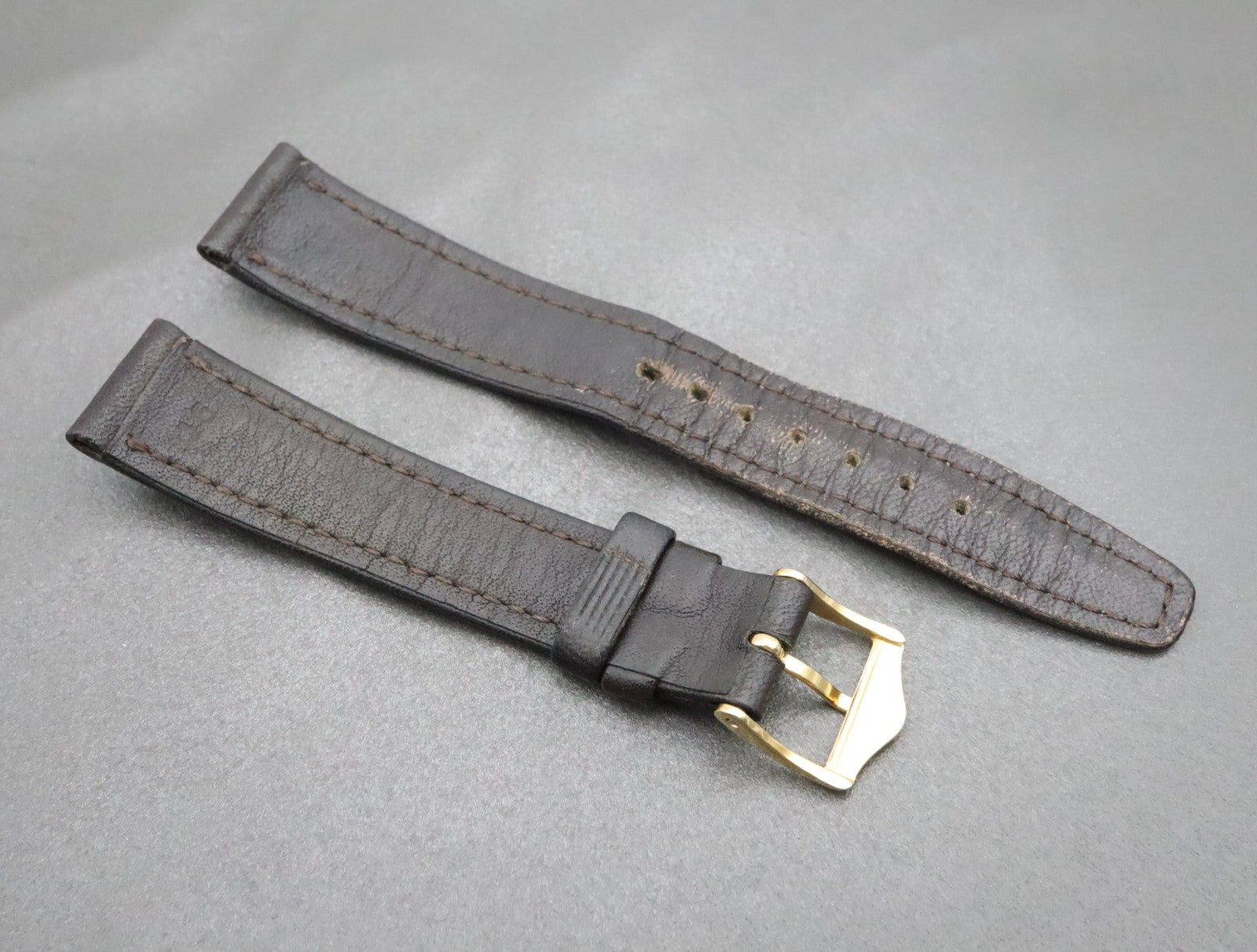 OMEGA Vintage Genuine Dark brown Leather Strap 16mm Watch Band Gold Buckle #1980