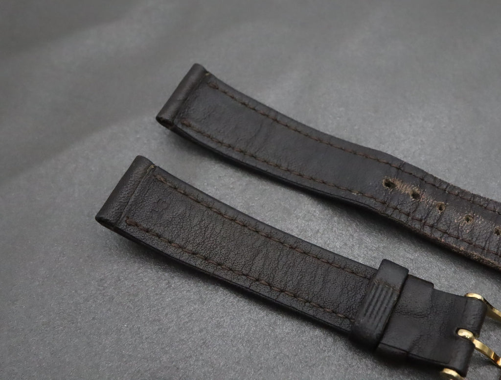 OMEGA Vintage Genuine Dark brown Leather Strap 16mm Watch Band Gold Buckle #1980