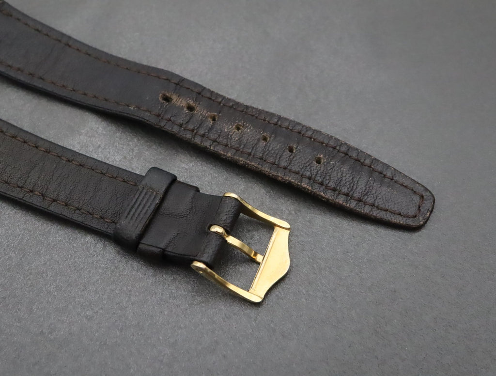 OMEGA Vintage Genuine Dark brown Leather Strap 16mm Watch Band Gold Buckle #1980