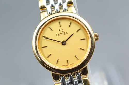 1989 Near MINT OMEGA De Ville 22mm 795.0897.2 Quartz Gold Dial Women's Vintage