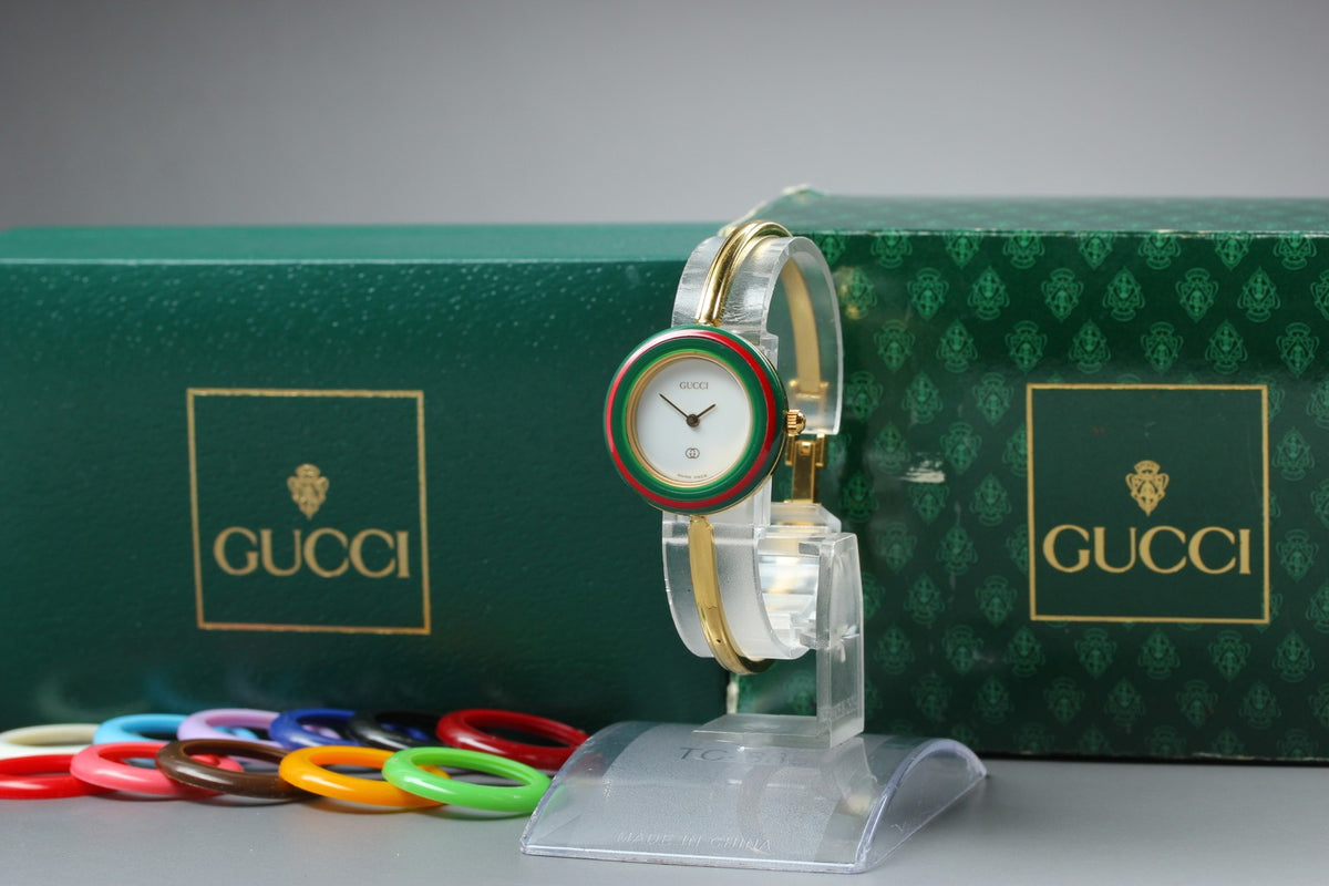 Full Set Near MINT GUCCI Change Bezel 12 Colors 26mm 1100-L Quartz White Women's