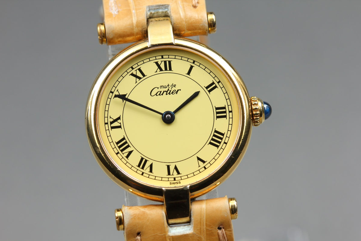 Near MINT Cartier Must de Vendome SM Vermeil 24mm 590004 Quartz Roman Women's