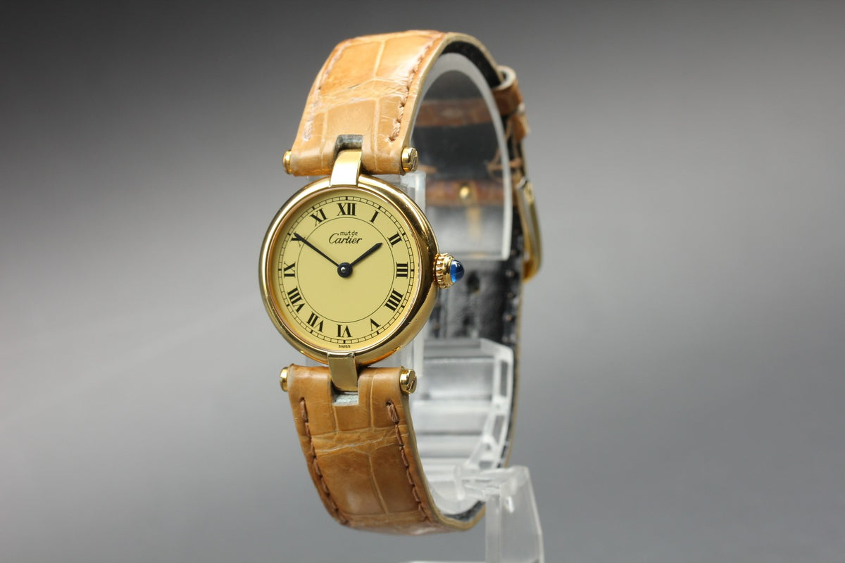 Near MINT Cartier Must de Vendome SM Vermeil 24mm 590004 Quartz Roman Women's