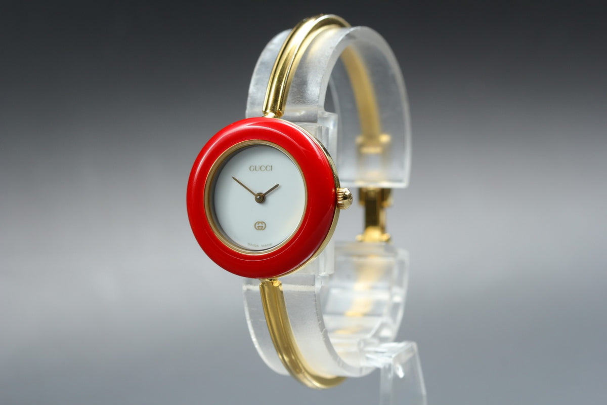 Near MINT GUCCI Change Bezel 26mm 11/12 Quartz White Dial Red Women's Vintage