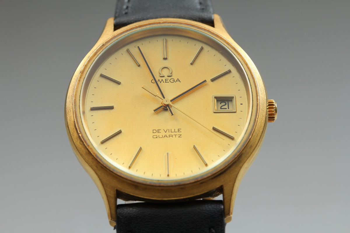 1977 Near MINT OMEGA De Ville 35mm 192.0033 Quartz Gold Dial Men's Watch Vintage