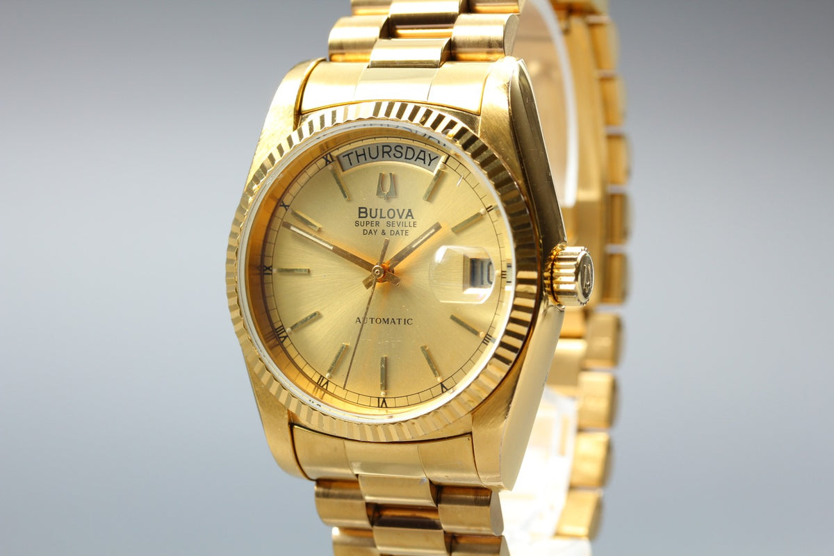 Near MINT BULOVA Super Seville 35mm 4410101 Automatic Gold Dial Men's Vintage