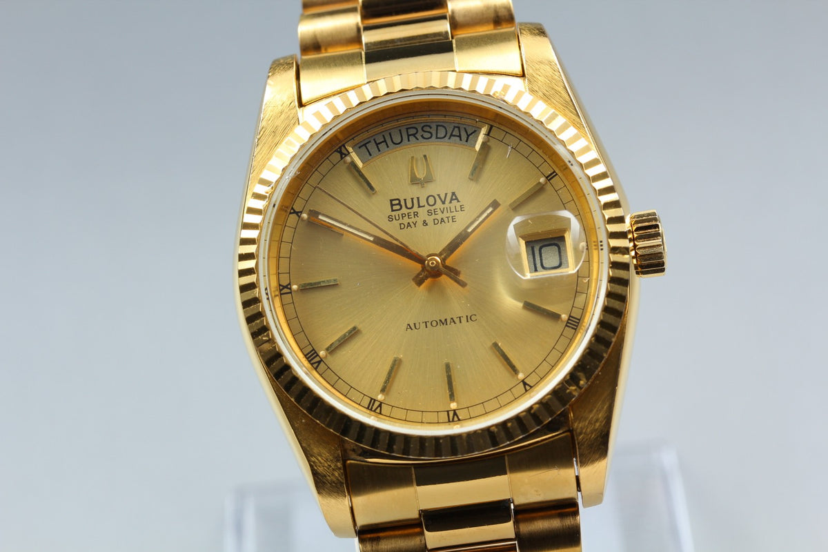 Near MINT BULOVA Super Seville 35mm 4410101 Automatic Gold Dial Men's Vintage