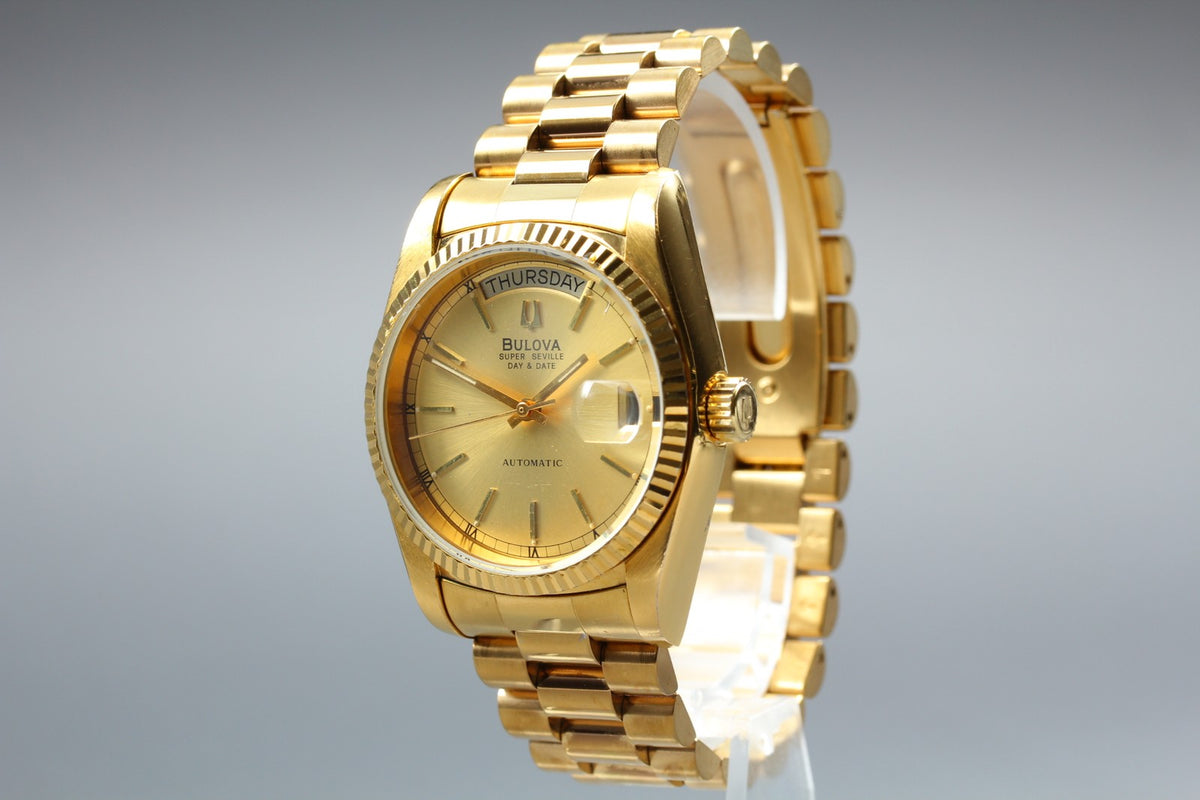 Near MINT BULOVA Super Seville 35mm 4410101 Automatic Gold Dial Men's Vintage