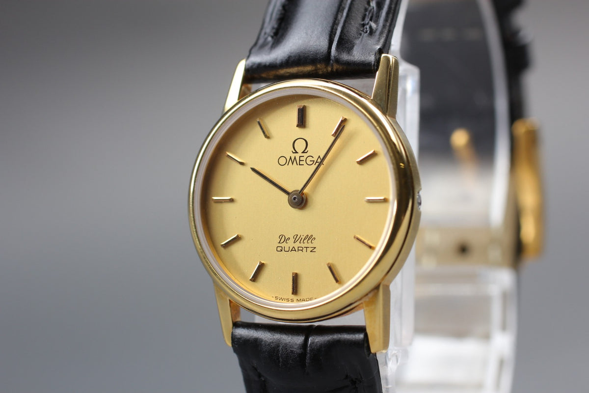 1982 Top MINT OMEGA De Ville 22mm 591.0150.1 Quartz Gold Dial Women's Vintage