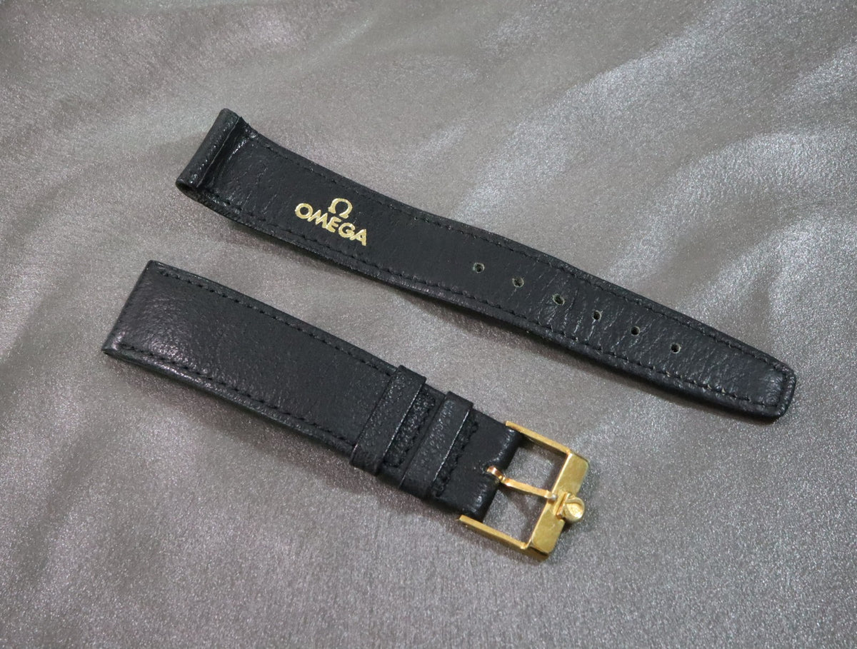 Near MINT OMEGA Vintage Genuine Black Leather Strap 18mm Gold Buckle Men's #2878