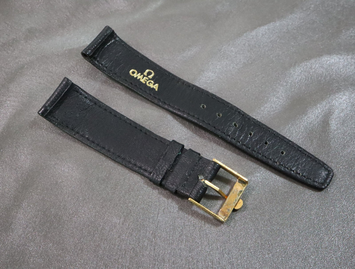 Near MINT OMEGA Vintage Genuine Black Leather Strap 18mm Gold Buckle Men's #2878