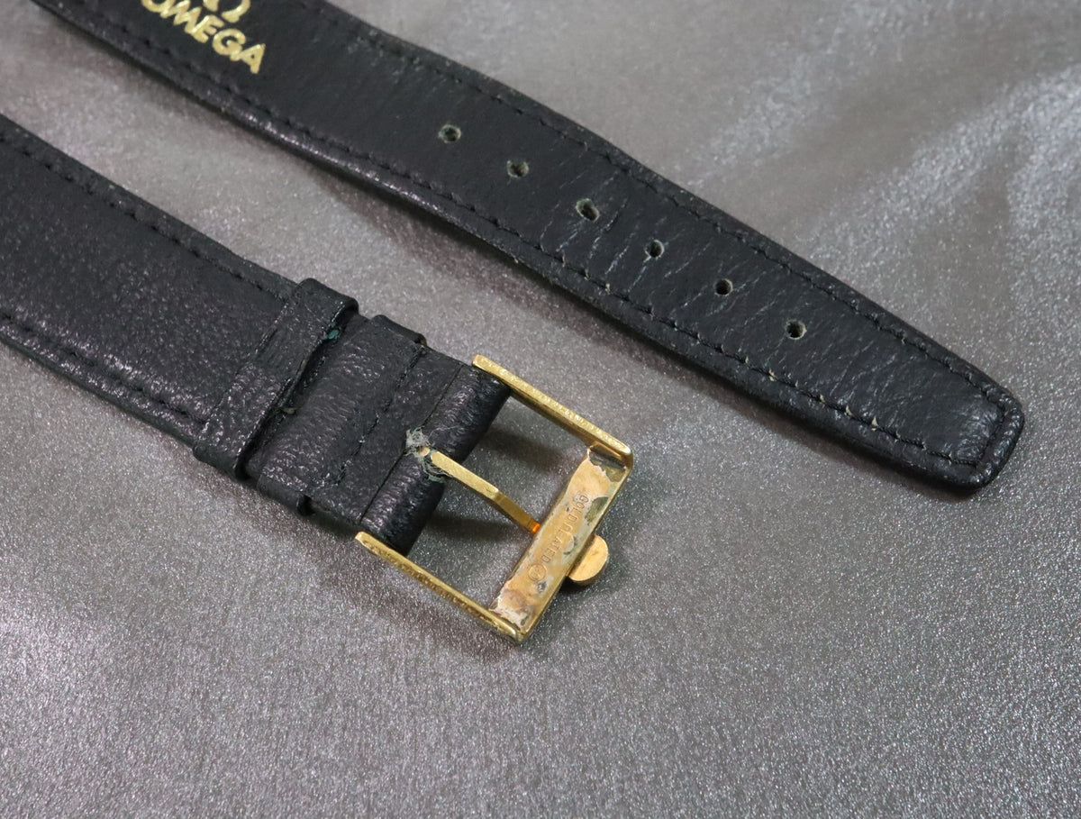 Near MINT OMEGA Vintage Genuine Black Leather Strap 18mm Gold Buckle Men's #2878