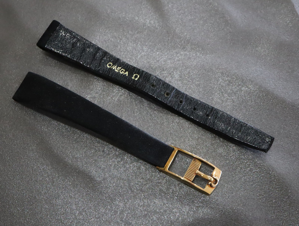 Near MINT OMEGA Vintage Black Suede Leather Strap 12mm Gold Buckle Women's #2327