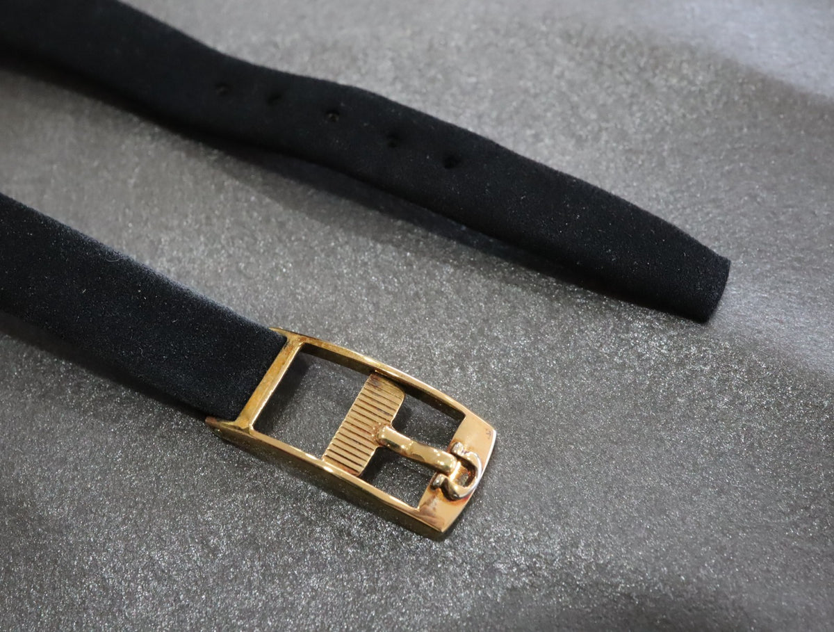 Near MINT OMEGA Vintage Black Suede Leather Strap 12mm Gold Buckle Women's #2327