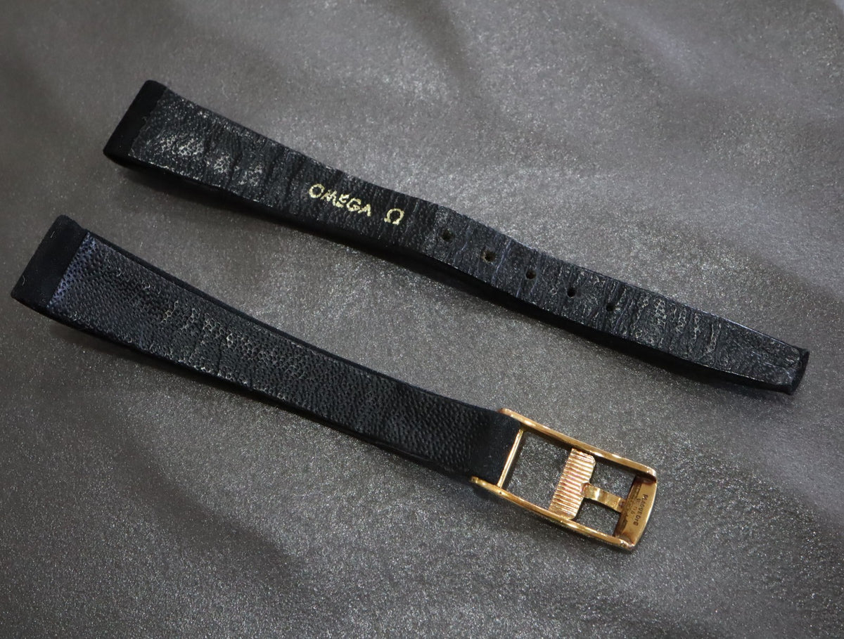 Near MINT OMEGA Vintage Black Suede Leather Strap 12mm Gold Buckle Women's #2327