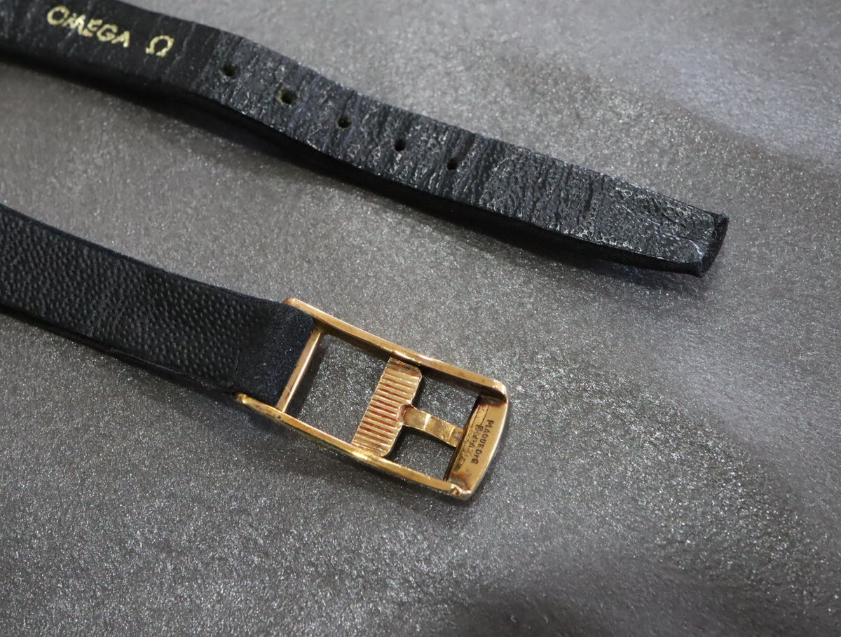 Near MINT OMEGA Vintage Black Suede Leather Strap 12mm Gold Buckle Women's #2327