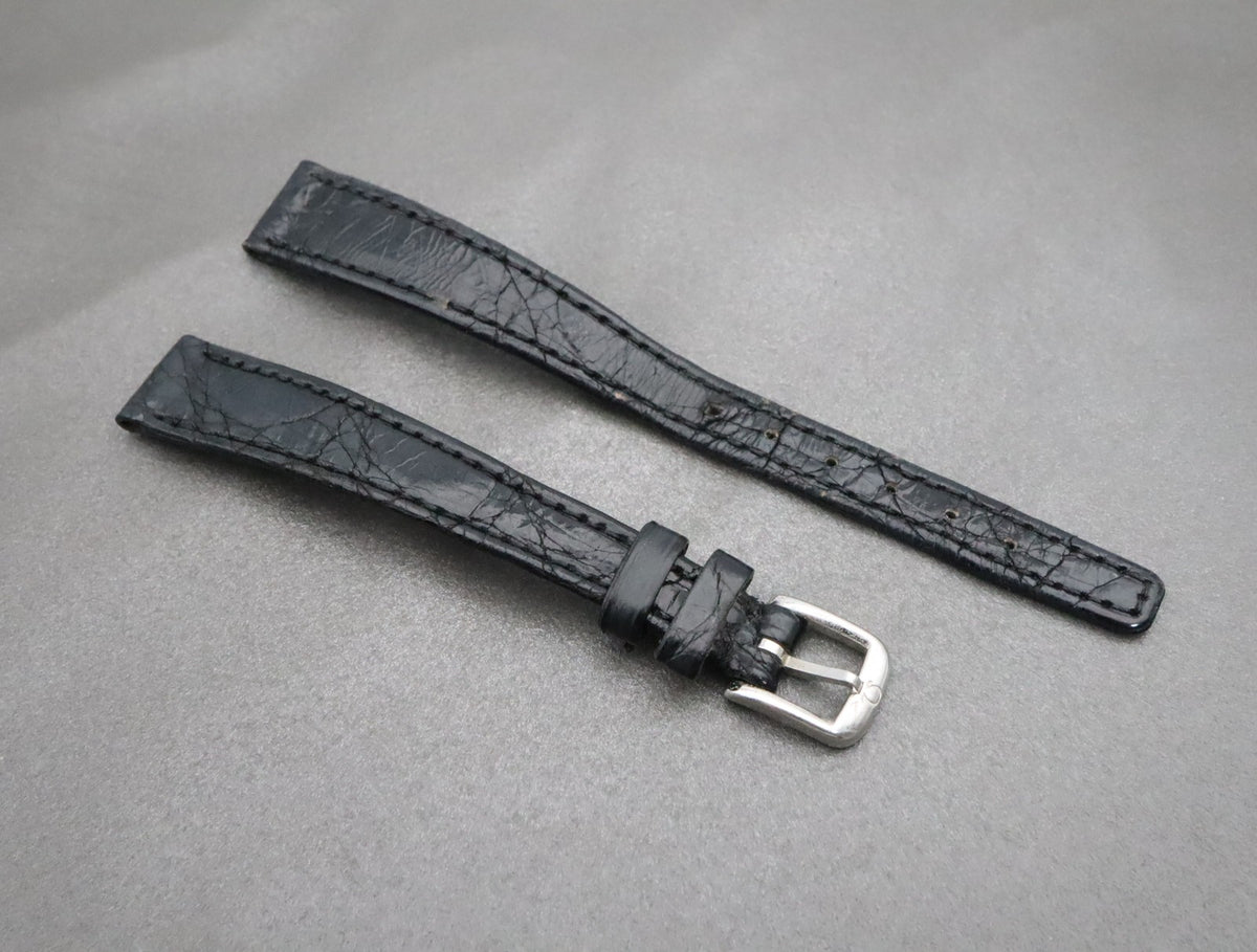 Near MINT OMEGA Vintage Black Leather Strap 12mm Silver Buckle Women's #2263