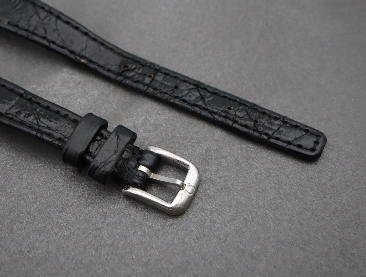 Near MINT OMEGA Vintage Black Leather Strap 12mm Silver Buckle Women's #2263