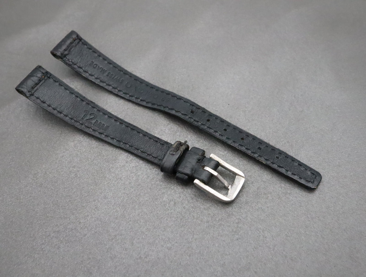 Near MINT OMEGA Vintage Black Leather Strap 12mm Silver Buckle Women's #2263