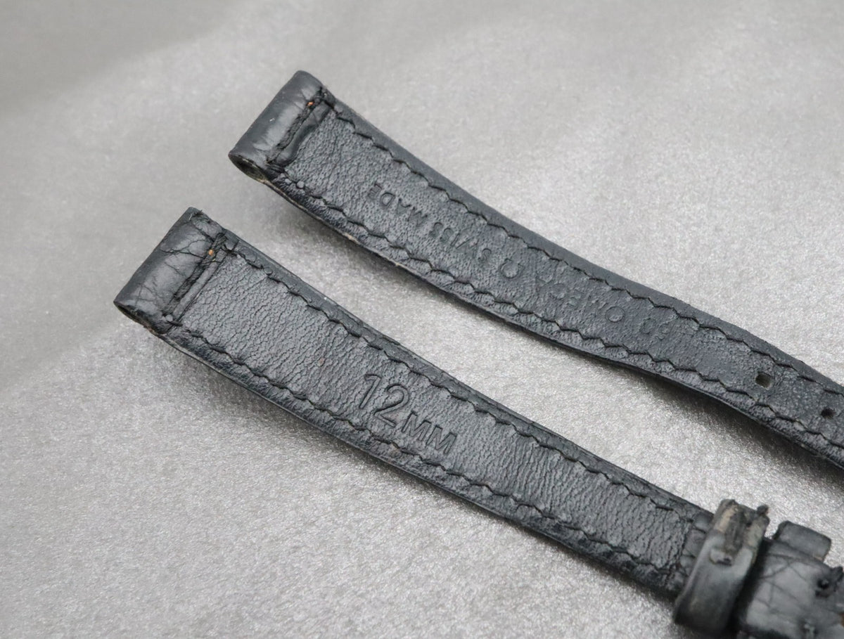 Near MINT OMEGA Vintage Black Leather Strap 12mm Silver Buckle Women's #2263