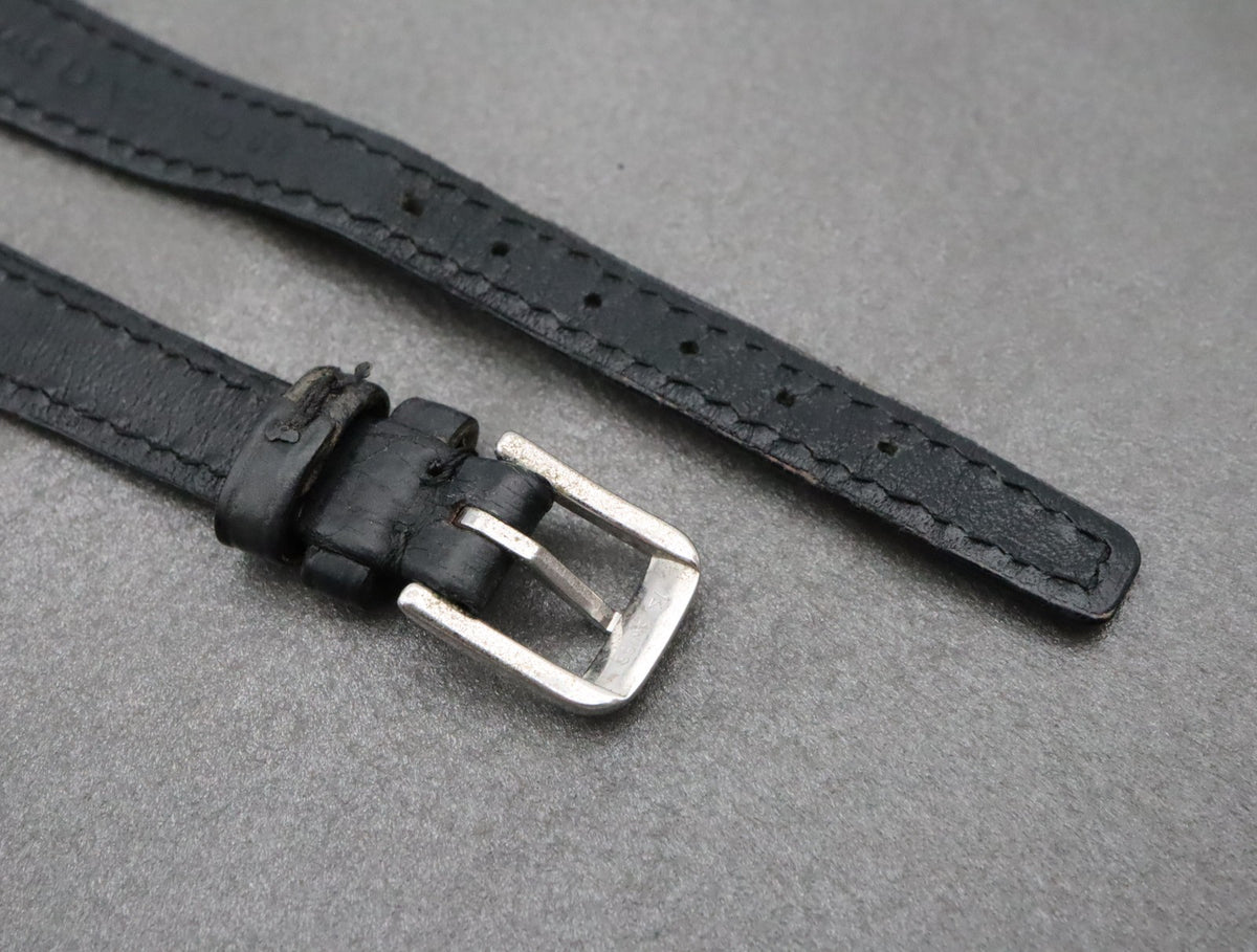 Near MINT OMEGA Vintage Black Leather Strap 12mm Silver Buckle Women's #2263