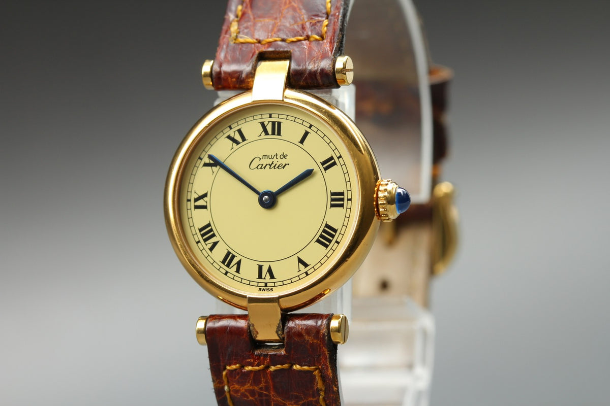 Near MINT Cartier Must de Vendome SM 24mm 590004 Vermeil Quartz Roman Women's